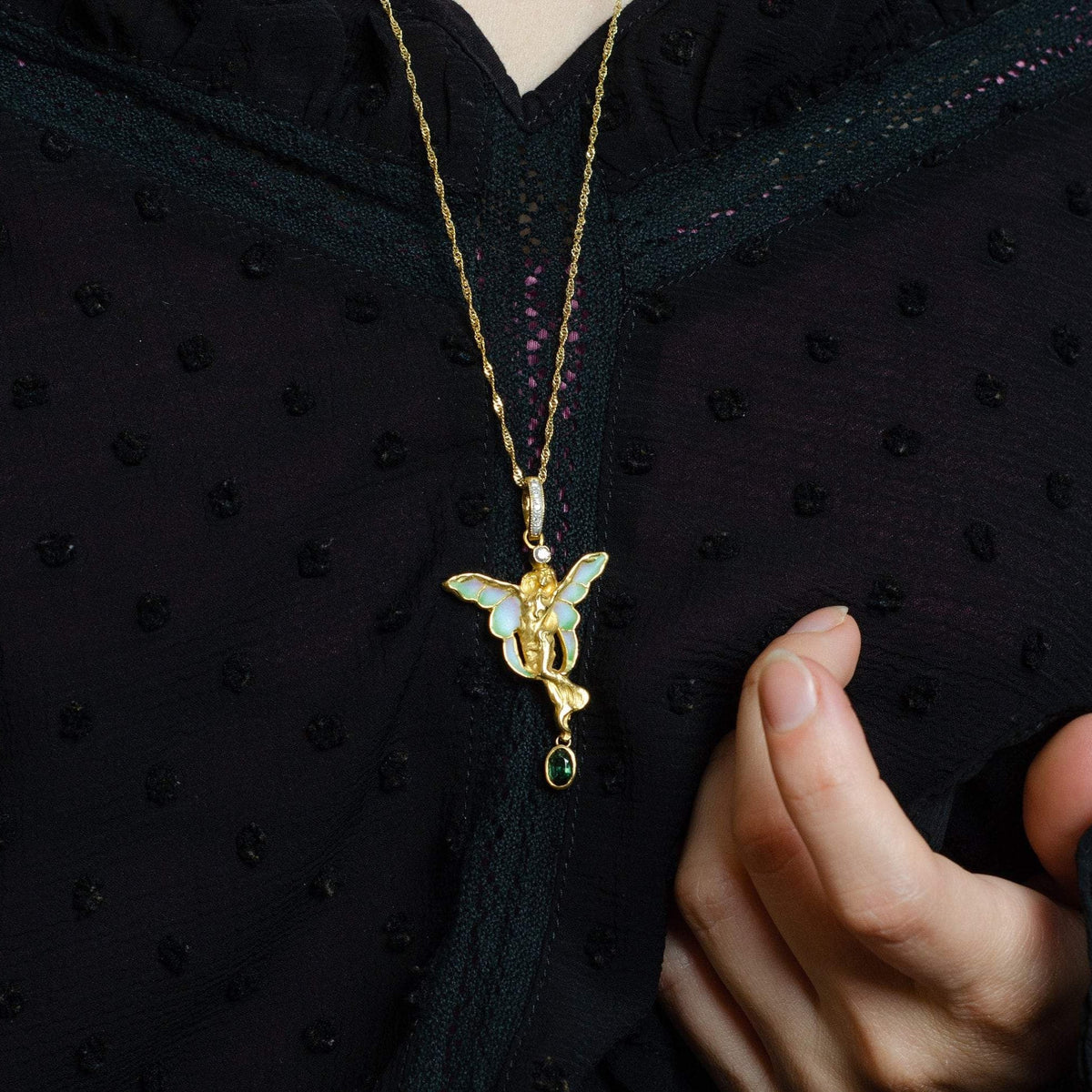 Plique a Jour Enamel Fairy Pendant | 18k Gold Pendant on Optional 14k Chain - Trademark Antiques