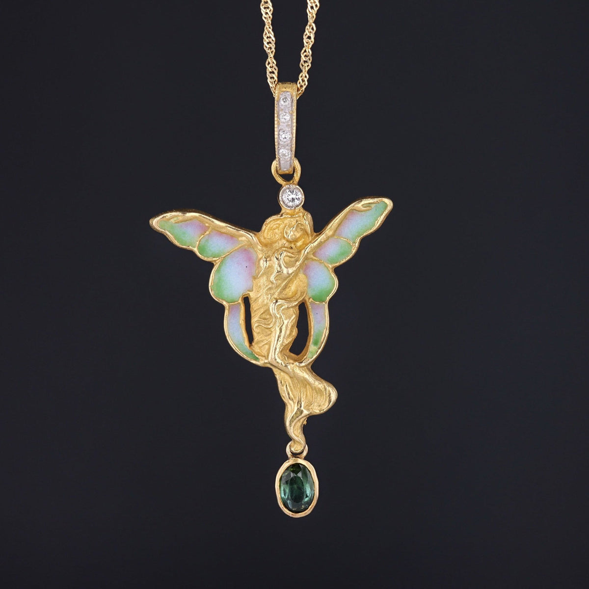 Plique a Jour Enamel Fairy Pendant | 18k Gold Pendant on Optional 14k Chain - Trademark Antiques