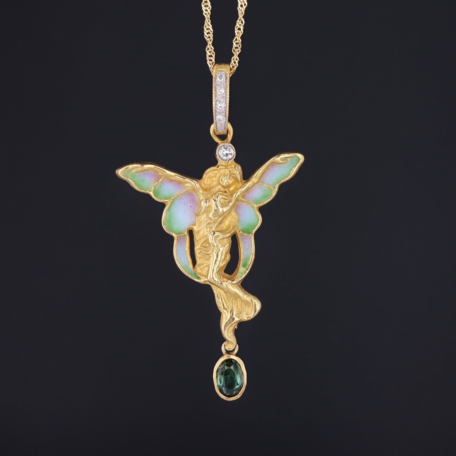 Plique a Jour Enamel Fairy Pendant | 18k Gold Pendant on Optional 14k Chain - Trademark Antiques