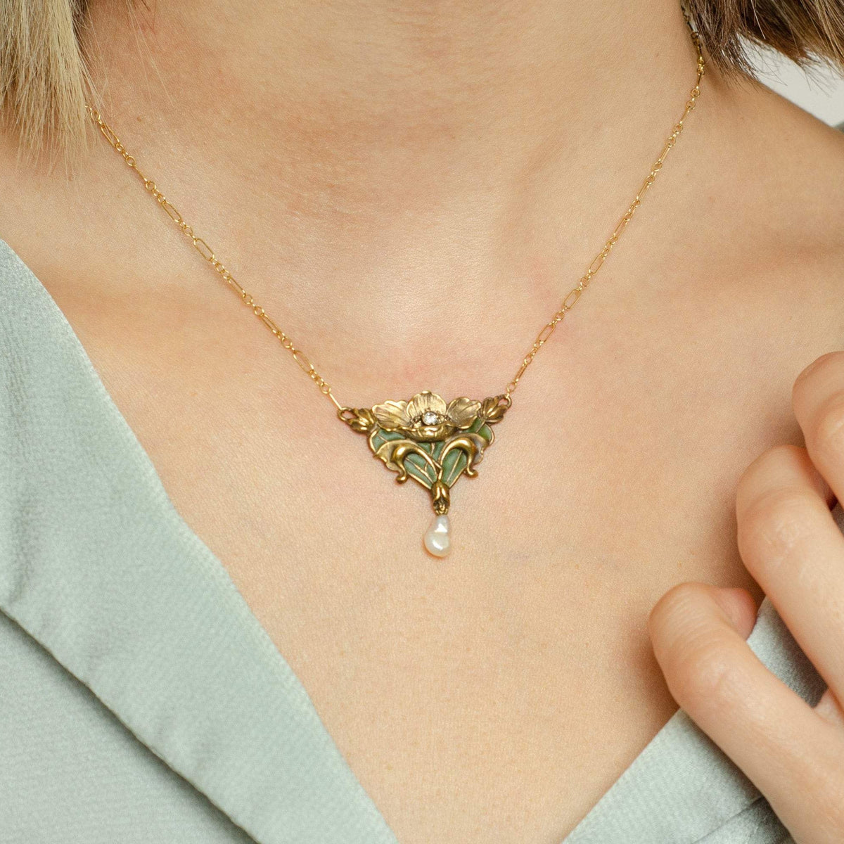Plique - a - Jour Enamel Flower Necklace | Antique 14k Gold Necklace - Trademark Antiques