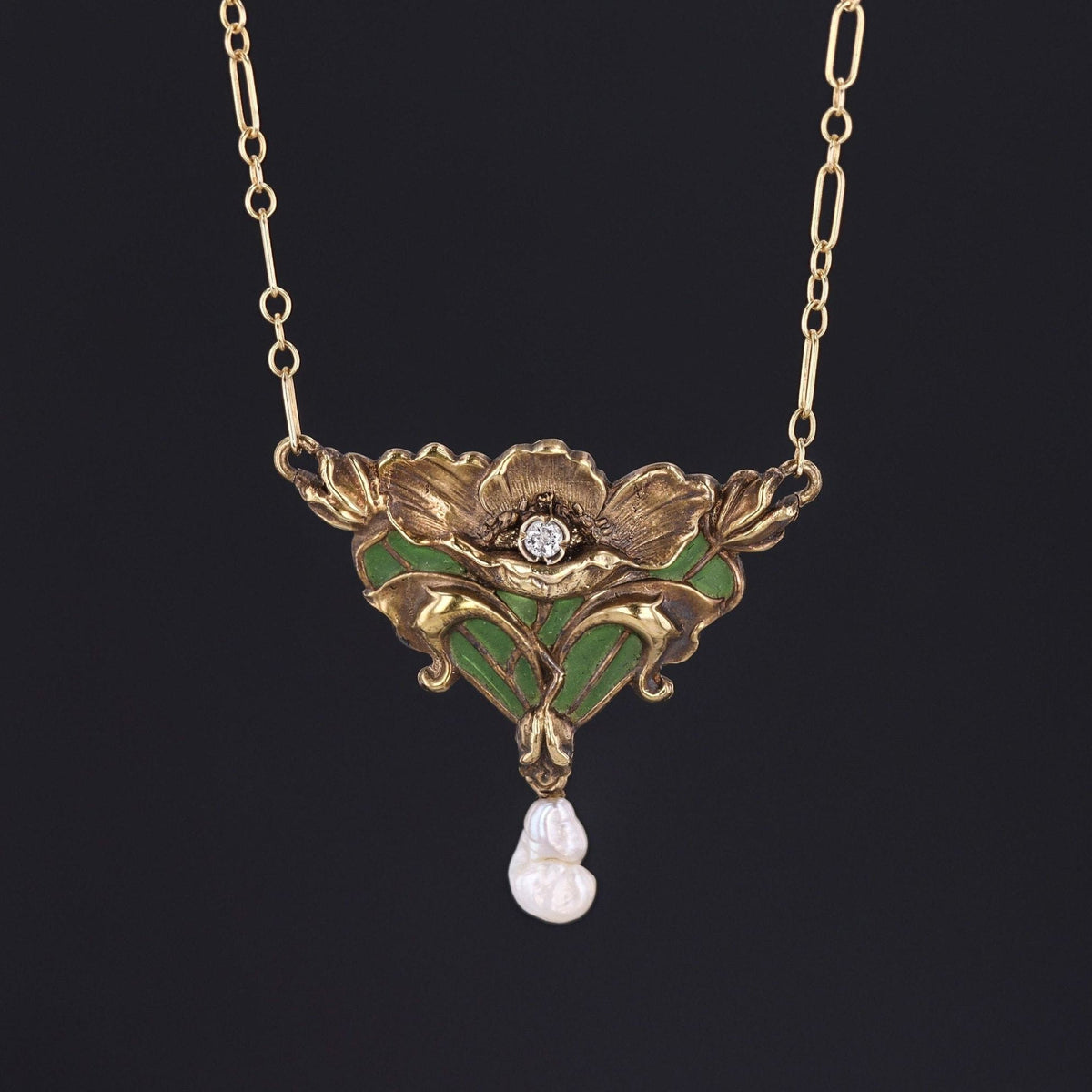 Plique - a - Jour Enamel Flower Necklace | Antique 14k Gold Necklace - Trademark Antiques