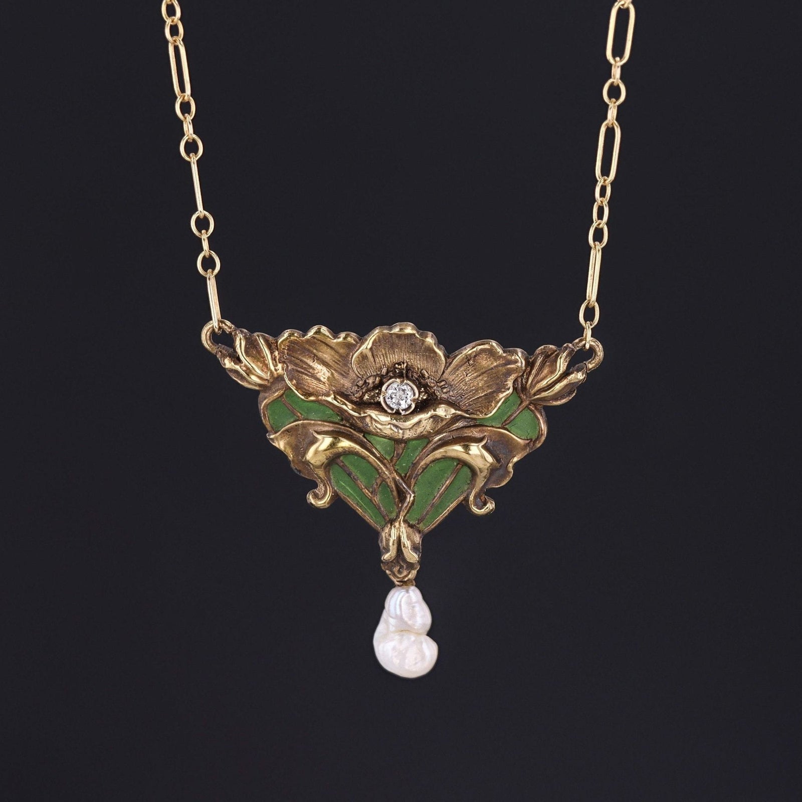 Plique - a - Jour Enamel Flower Necklace | Antique 14k Gold Necklace - Trademark Antiques