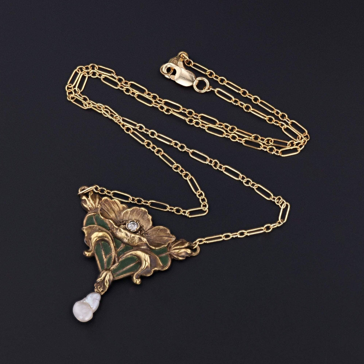 Plique - a - Jour Enamel Flower Necklace | Antique 14k Gold Necklace - Trademark Antiques