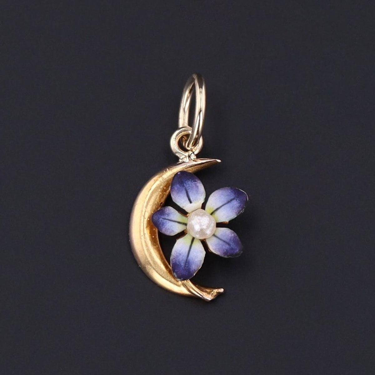 RESERVED - 10k Gold Crescent Moon Charm | Enamel Violet &amp; Crescent Charm - Trademark Antiques
