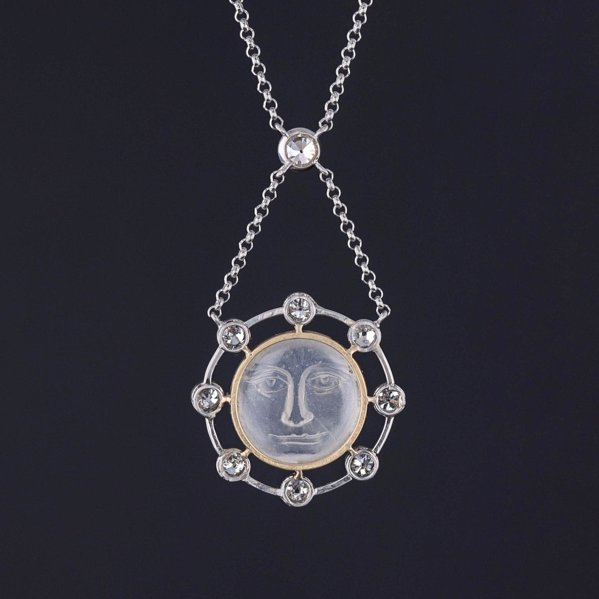 RESERVED for B - Antique Carved Moonstone &amp; Diamond Man in the Moon Necklace - Trademark Antiques
