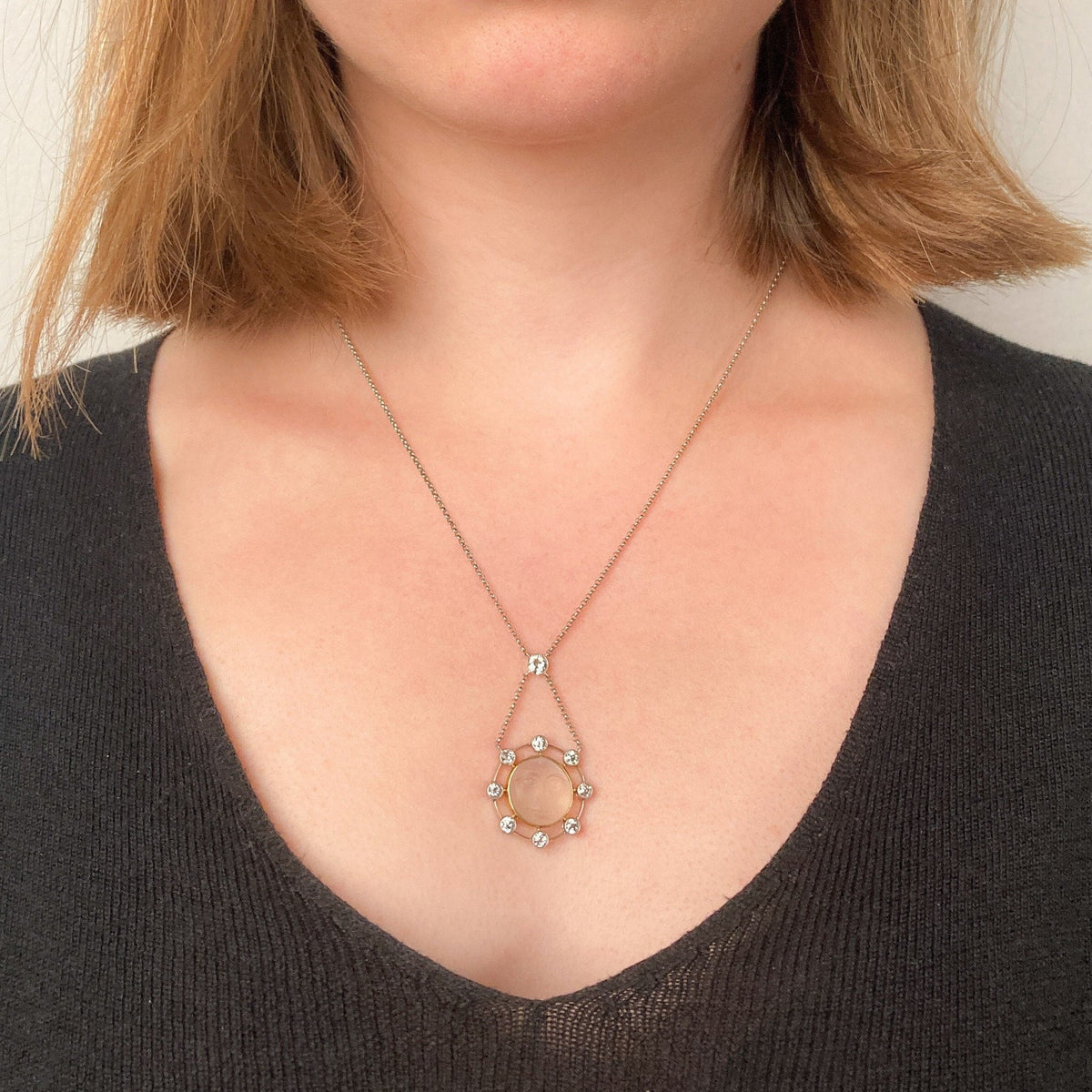 RESERVED for B - Antique Carved Moonstone &amp; Diamond Man in the Moon Necklace - Trademark Antiques