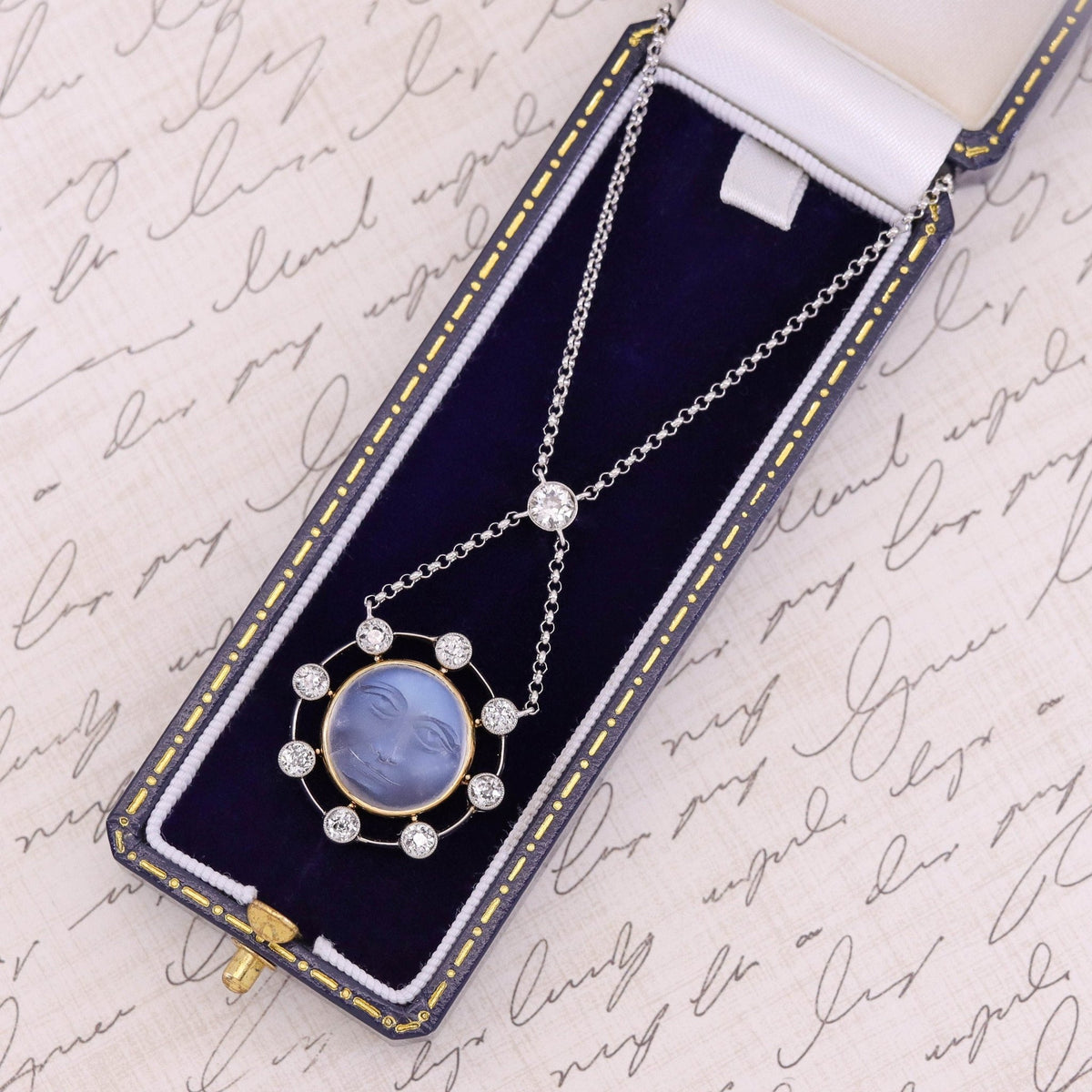 RESERVED for B - Antique Carved Moonstone &amp; Diamond Man in the Moon Necklace - Trademark Antiques