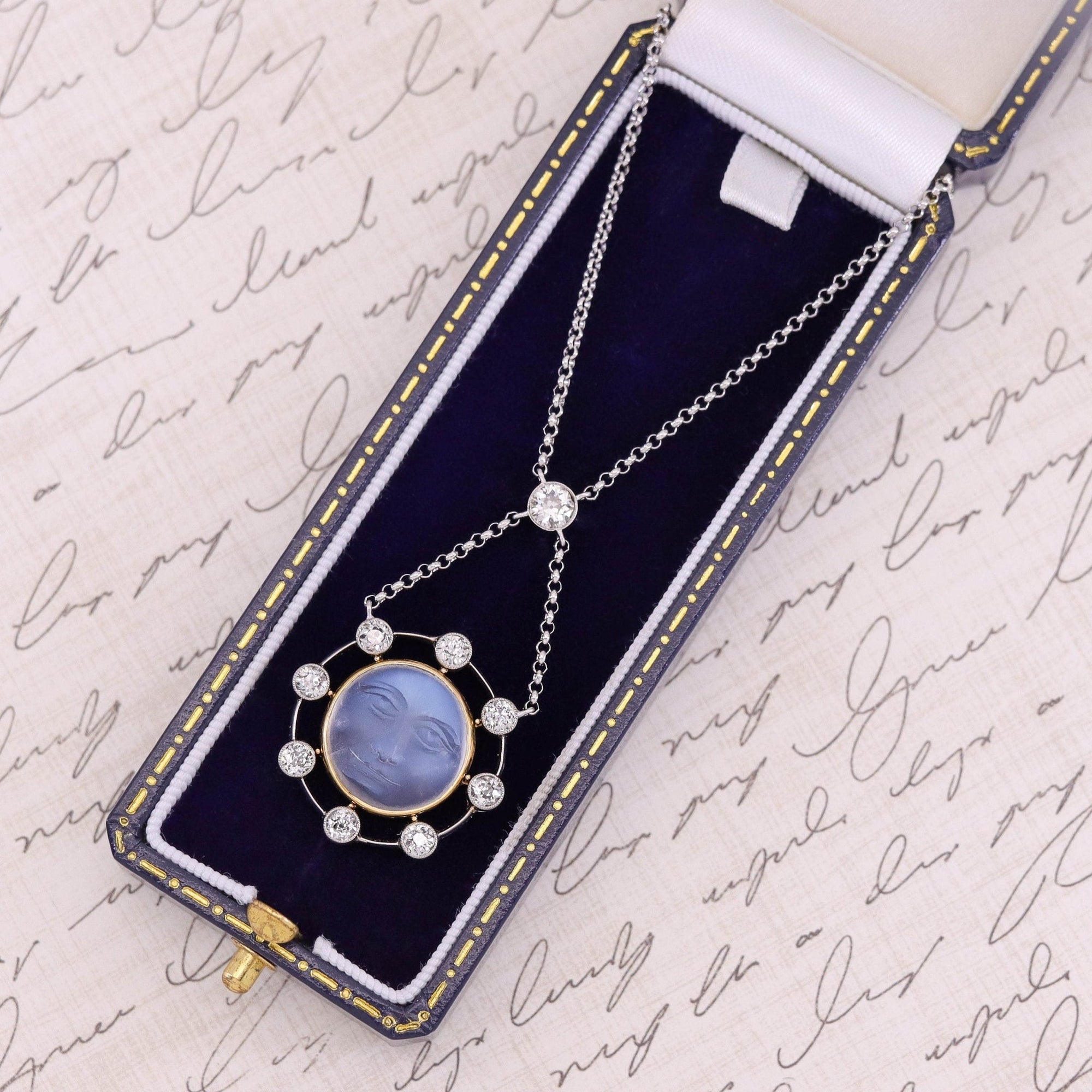 RESERVED for B - Antique Carved Moonstone & Diamond Man in the Moon Necklace - Trademark Antiques