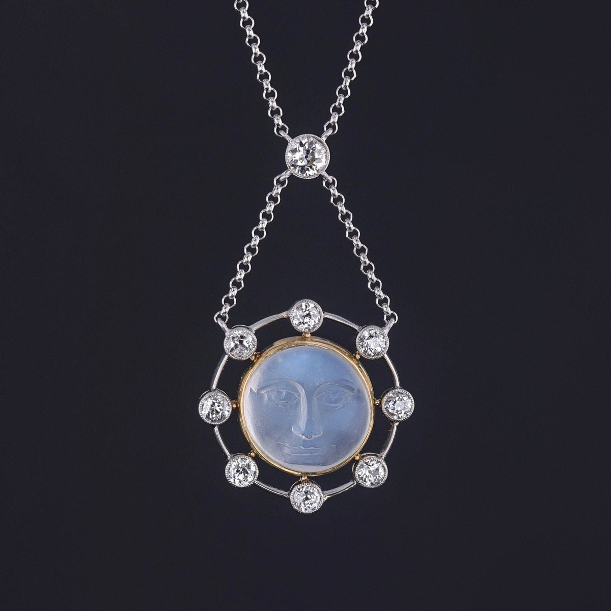 RESERVED for B - Antique Carved Moonstone &amp; Diamond Man in the Moon Necklace - Trademark Antiques