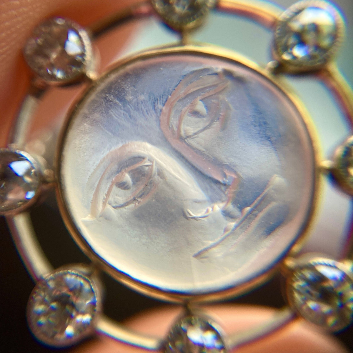 RESERVED for B - Antique Carved Moonstone &amp; Diamond Man in the Moon Necklace - Trademark Antiques
