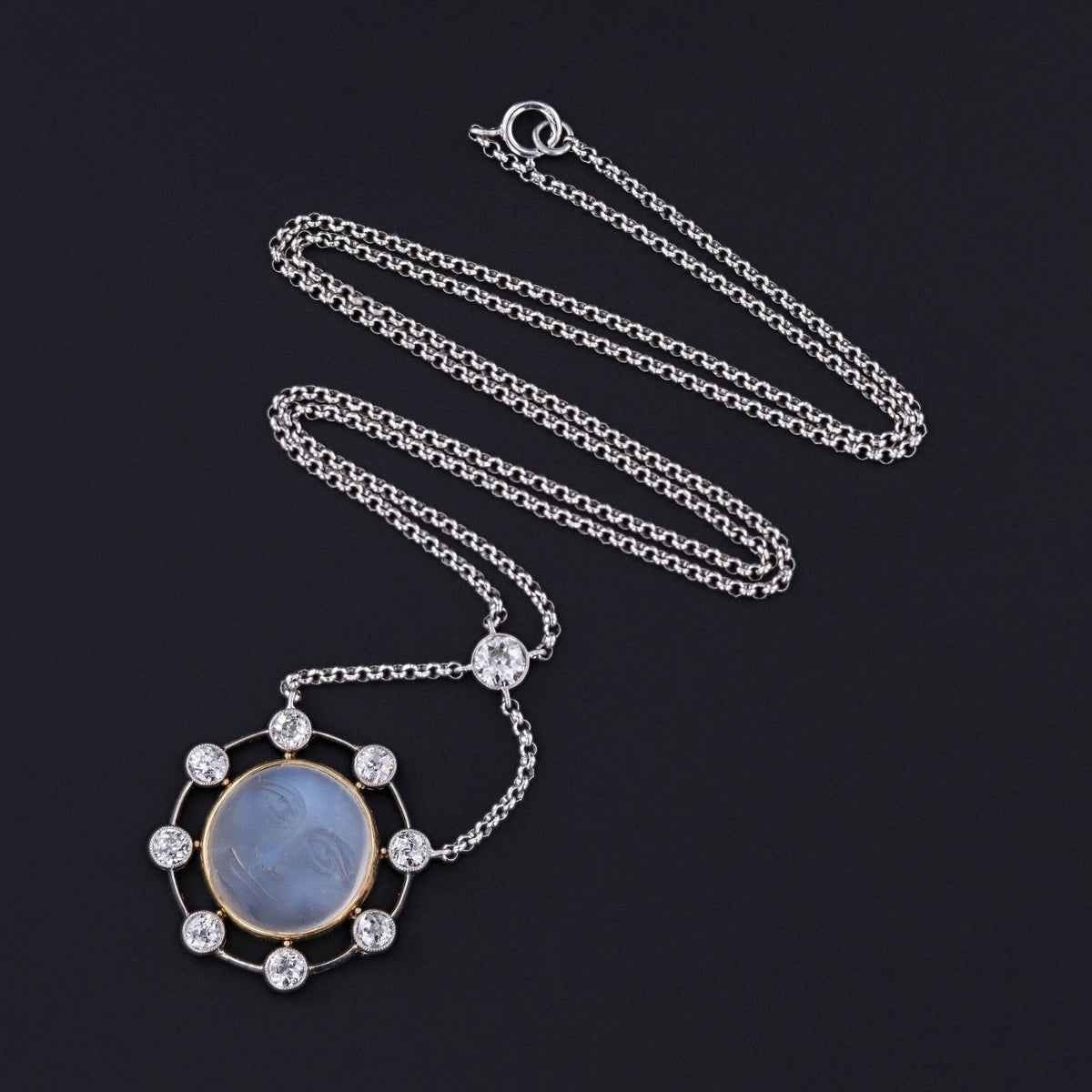 RESERVED for B - Antique Carved Moonstone &amp; Diamond Man in the Moon Necklace - Trademark Antiques