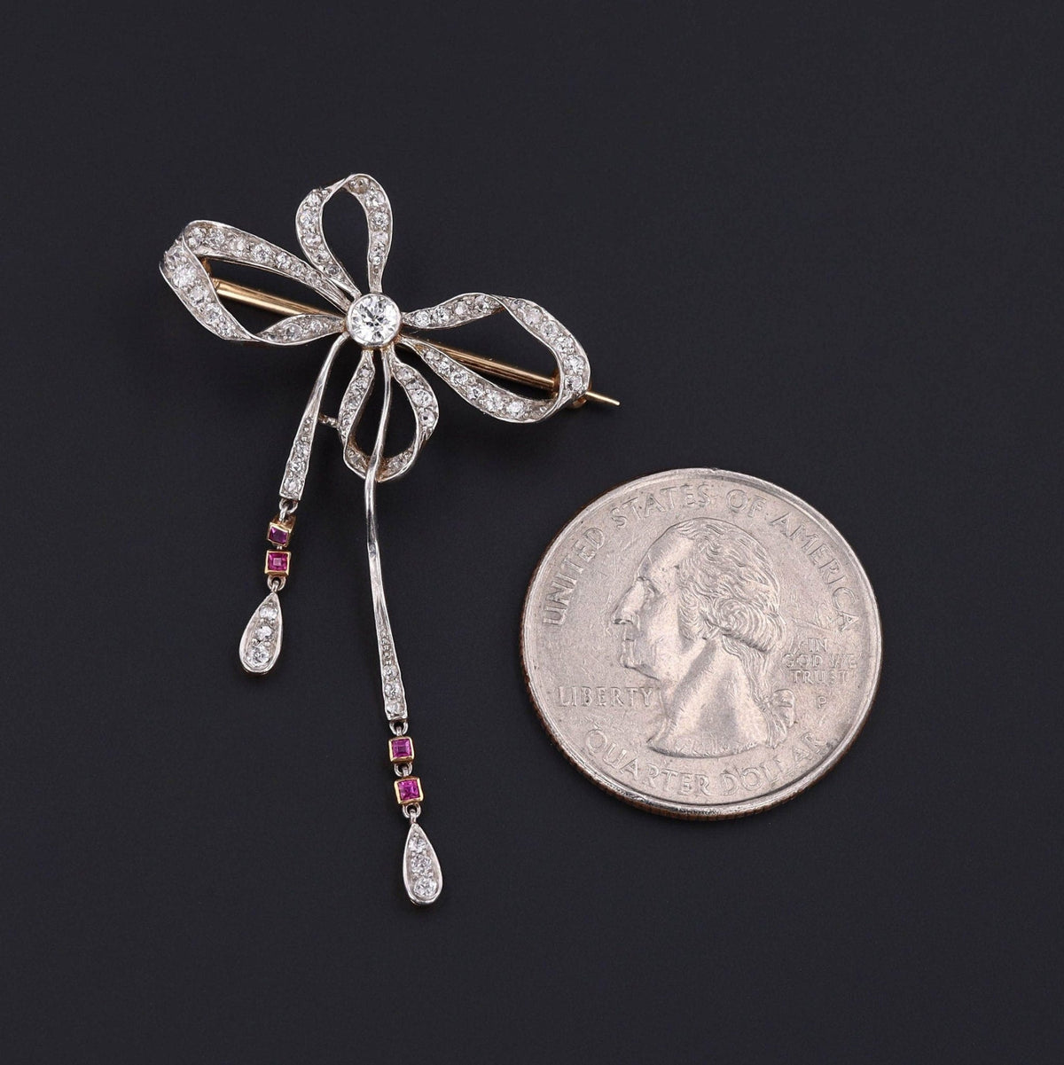RESERVED for B. - Antique Diamond Ruby and Platinum Bow Brooch - Trademark Antiques