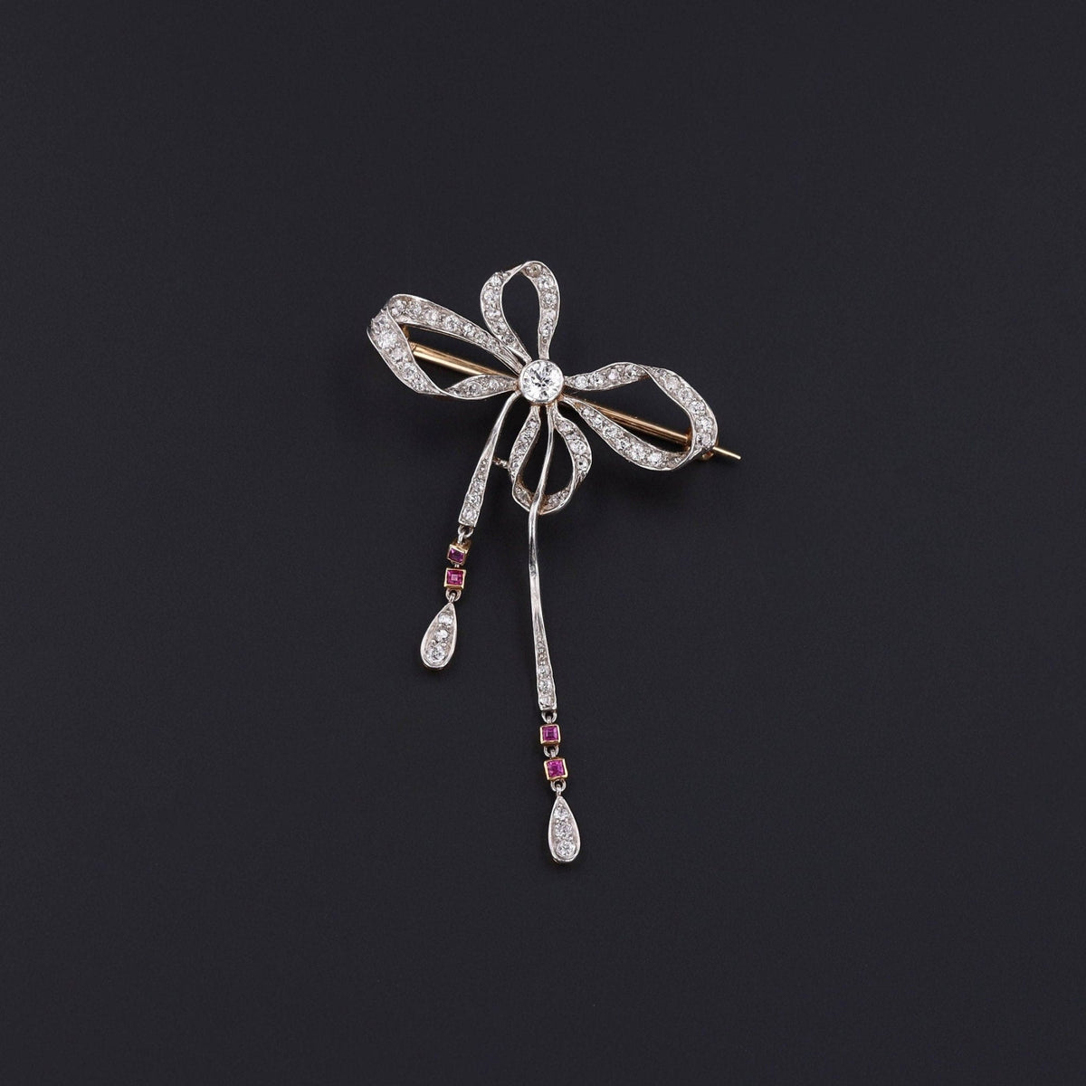 RESERVED for B. - Antique Diamond Ruby and Platinum Bow Brooch - Trademark Antiques