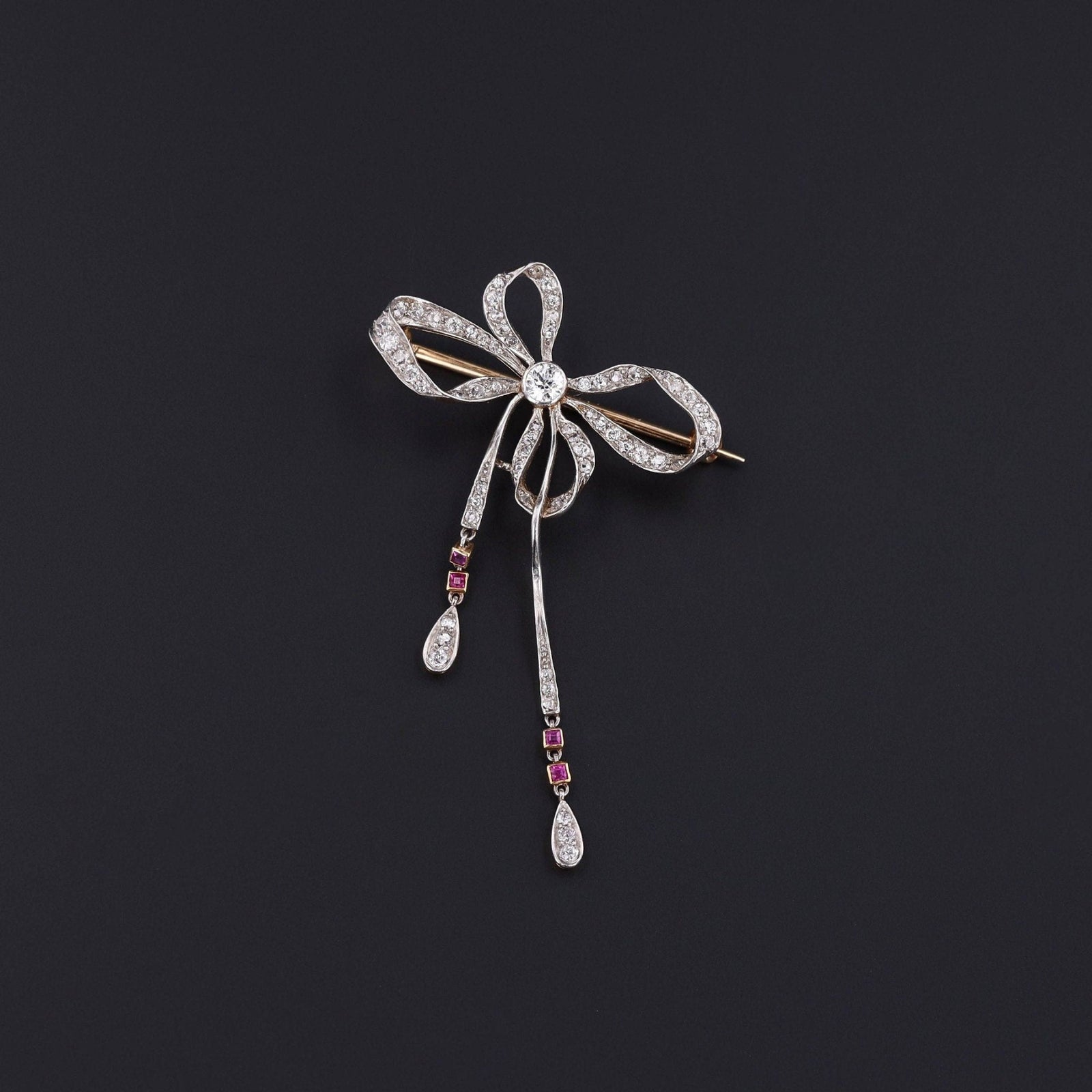 RESERVED for B. - Antique Diamond Ruby and Platinum Bow Brooch - Trademark Antiques
