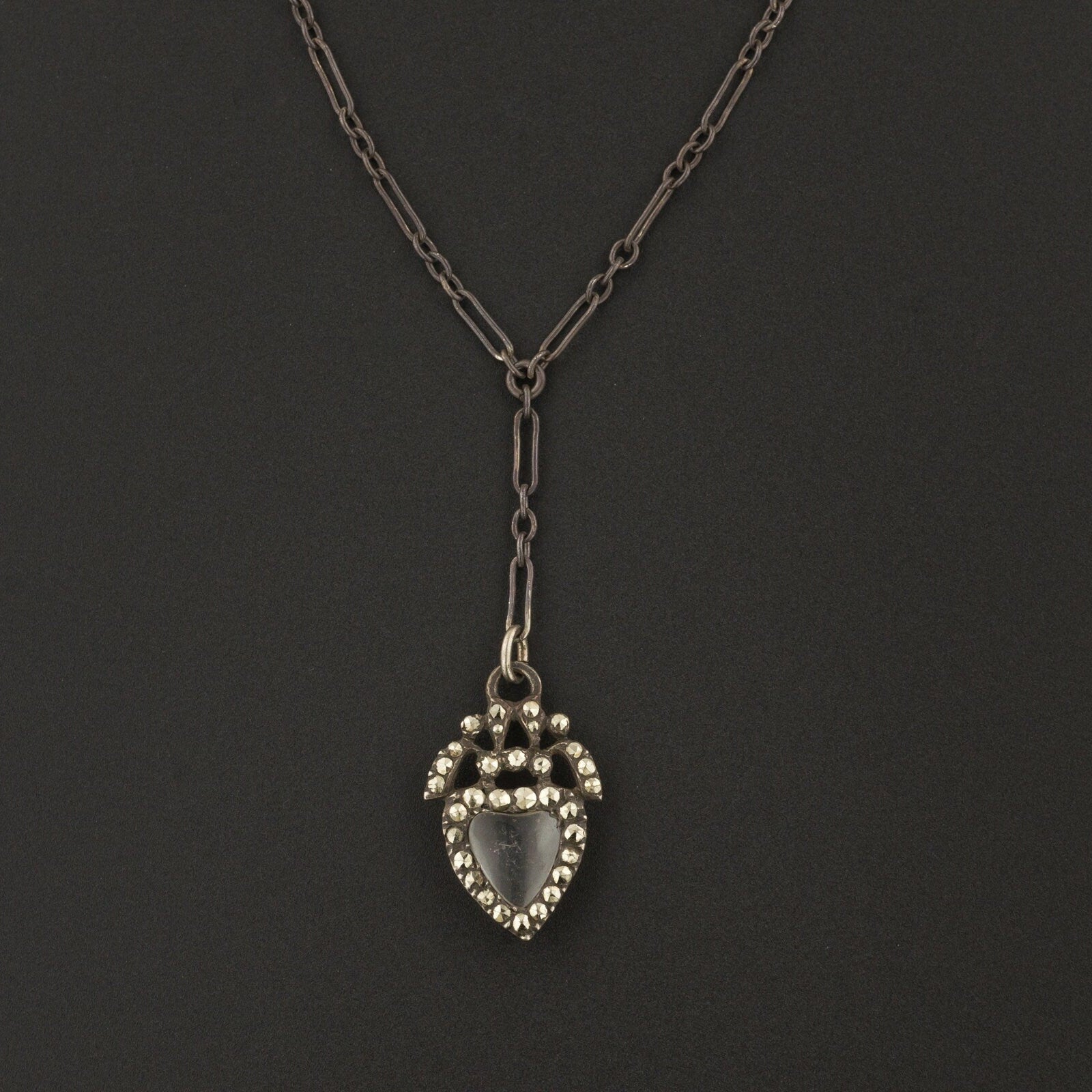 RESERVED for B. - Silver & Marcasite Heart Necklace | Antique Heart Necklace - Trademark Antiques
