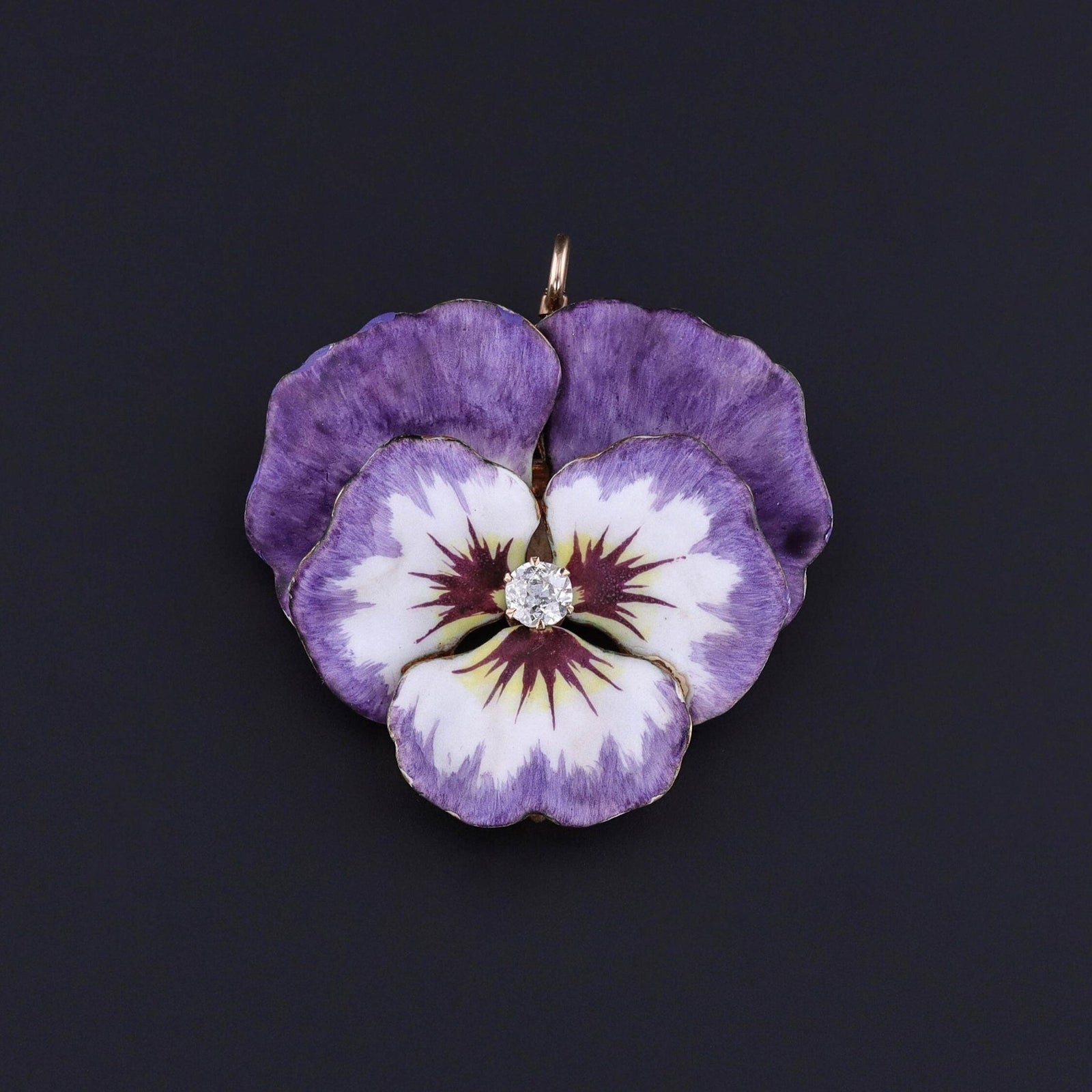 RESERVED for K - Antique Enamel & Diamond Pansy Brooch or Pendant of 14k Gold - Trademark Antiques