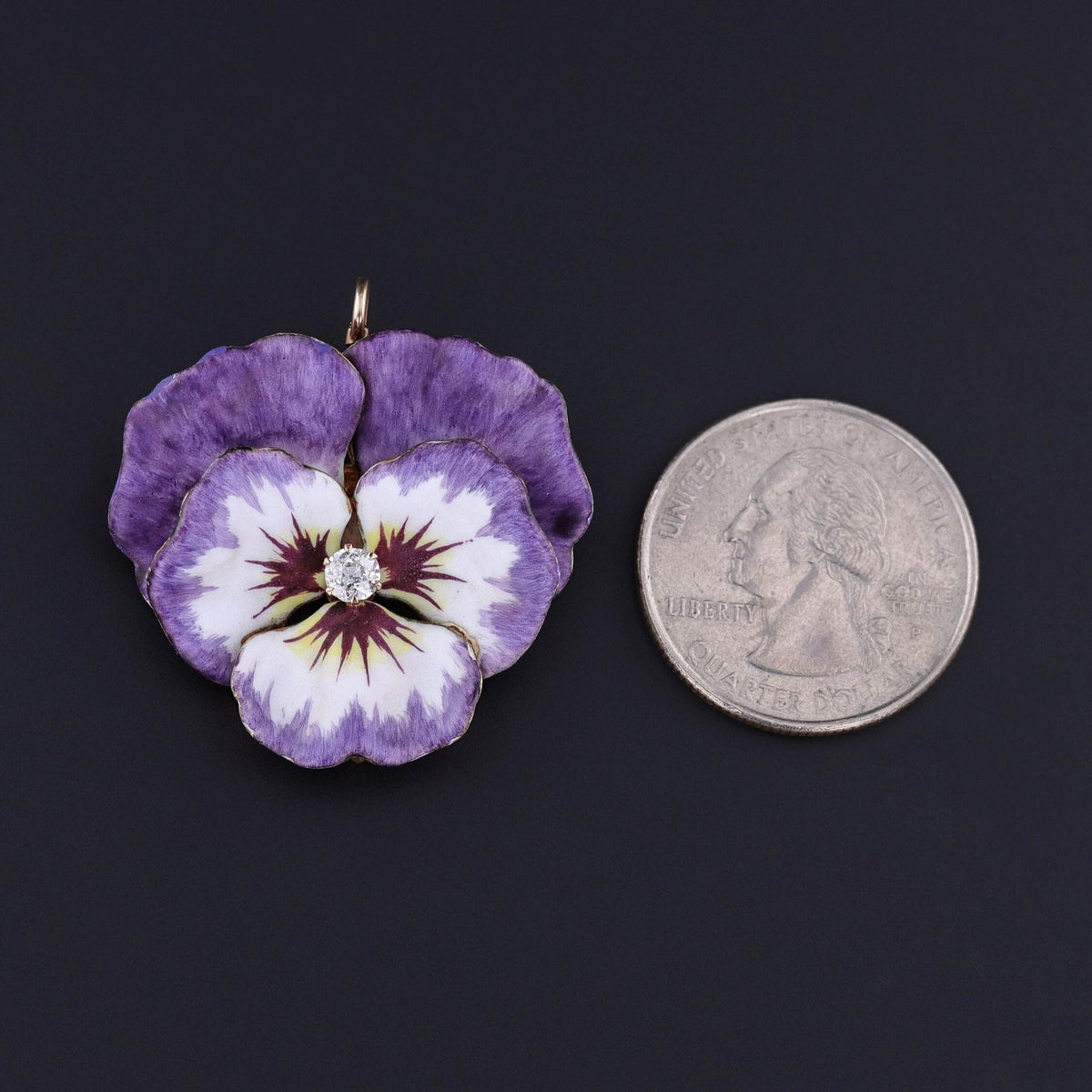RESERVED for K - Antique Enamel &amp; Diamond Pansy Brooch or Pendant of 14k Gold - Trademark Antiques
