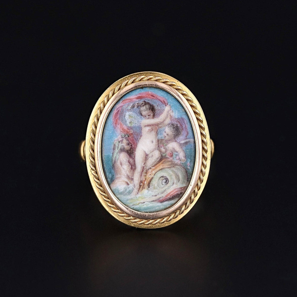 Reserved for M - Antique Enamel Cherub Ring of 22ct Gold - Trademark Antiques