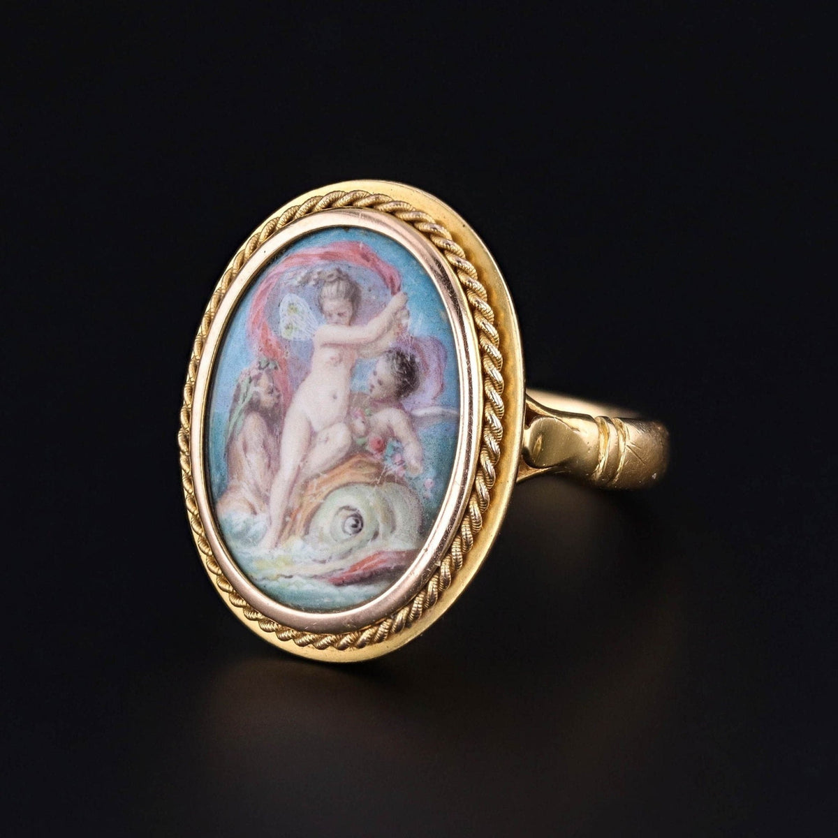 Reserved for M - Antique Enamel Cherub Ring of 22ct Gold - Trademark Antiques