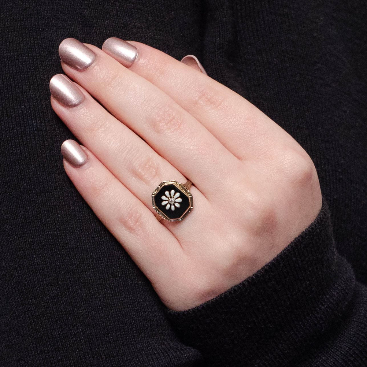 RESERVED for R - Antique Onyx Daisy Conversion Ring of 10k Yellow and White Gold - Trademark Antiques