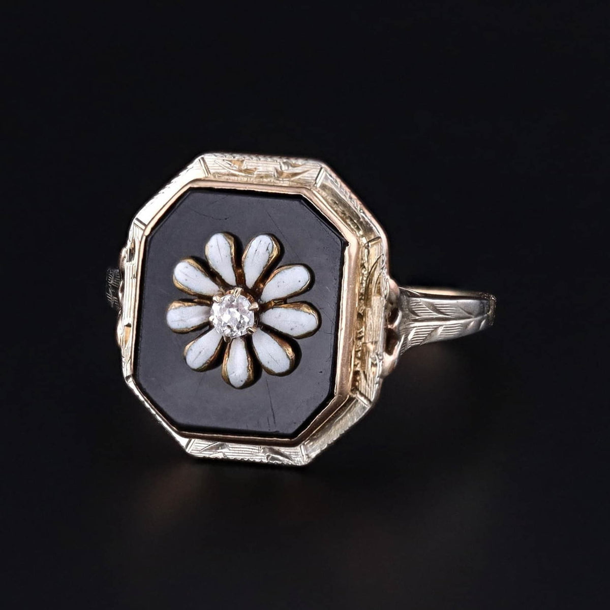 RESERVED for R - Antique Onyx Daisy Conversion Ring of 10k Yellow and White Gold - Trademark Antiques