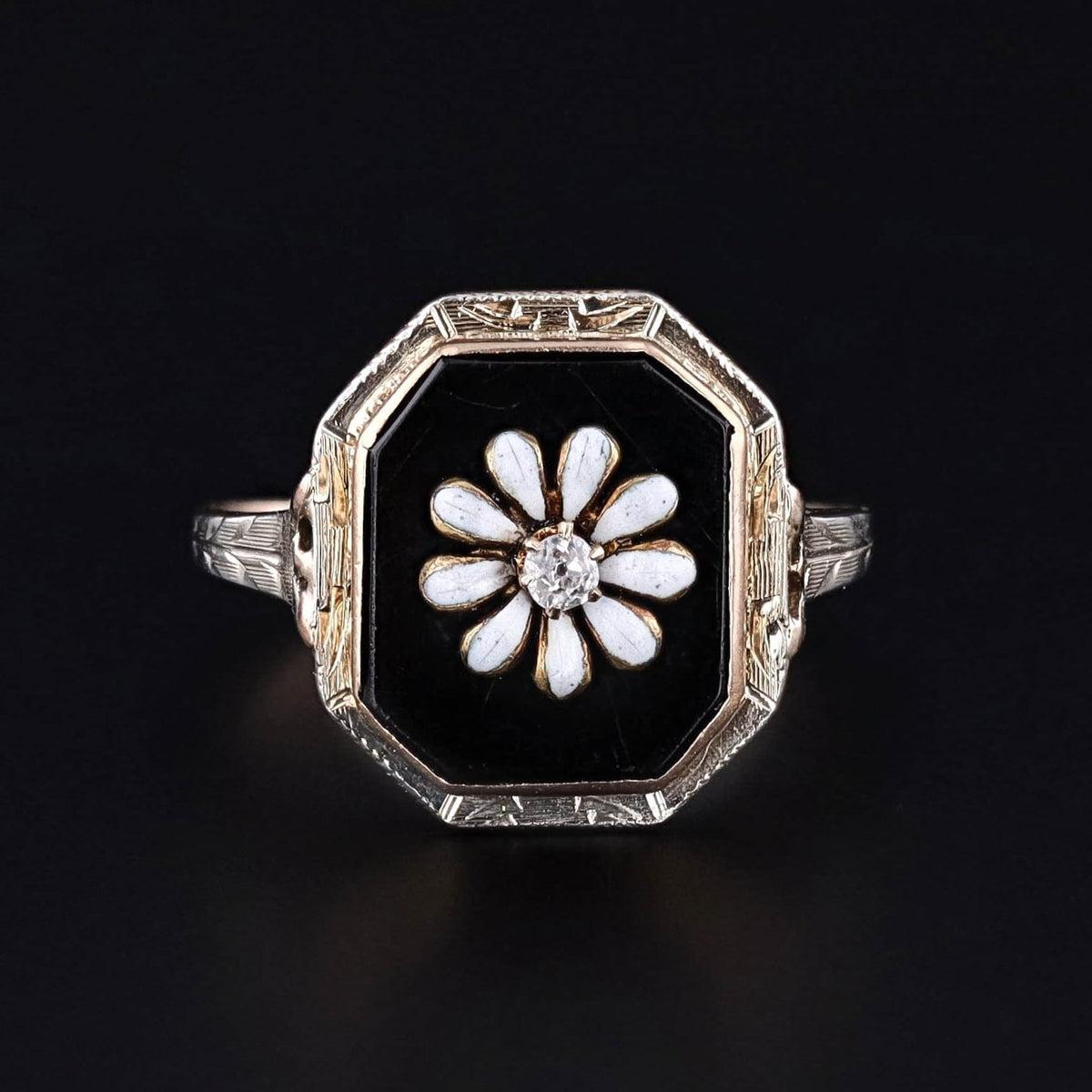 RESERVED for R - Antique Onyx Daisy Conversion Ring of 10k Yellow and White Gold - Trademark Antiques