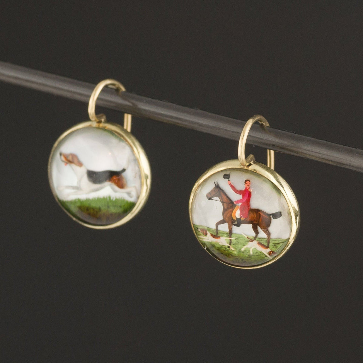 Reverse Painted Crystal Earrings | 14k Gold Earrings - Trademark Antiques