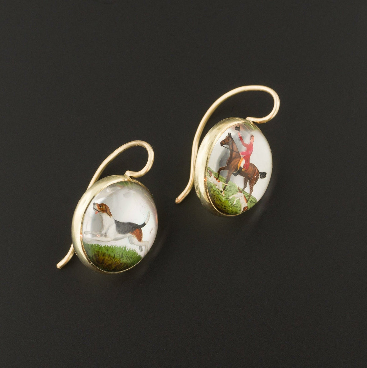 Reverse Painted Crystal Earrings | 14k Gold Earrings - Trademark Antiques