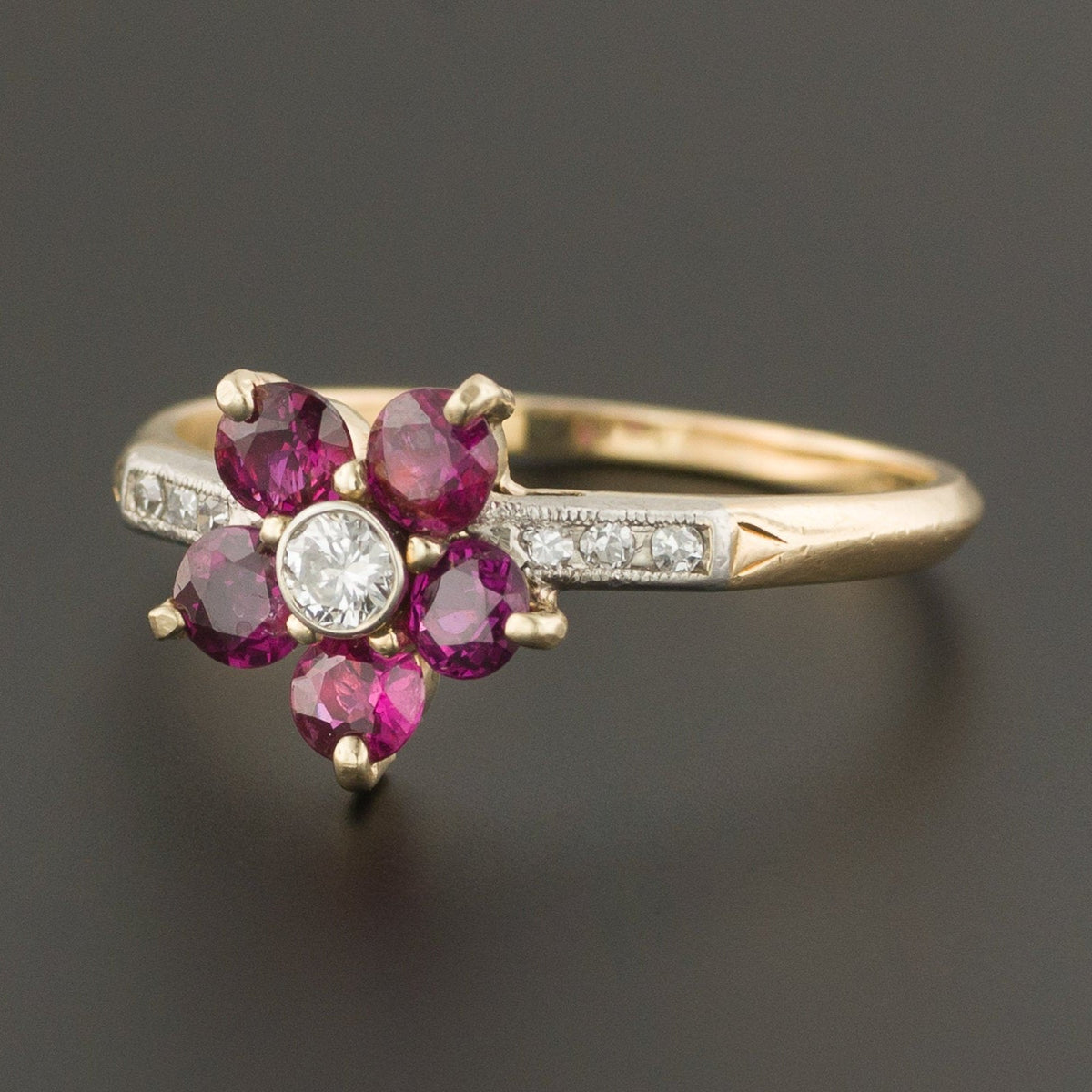 Ruby &amp; Diamond Flower Ring | Ruby Ring - Trademark Antiques