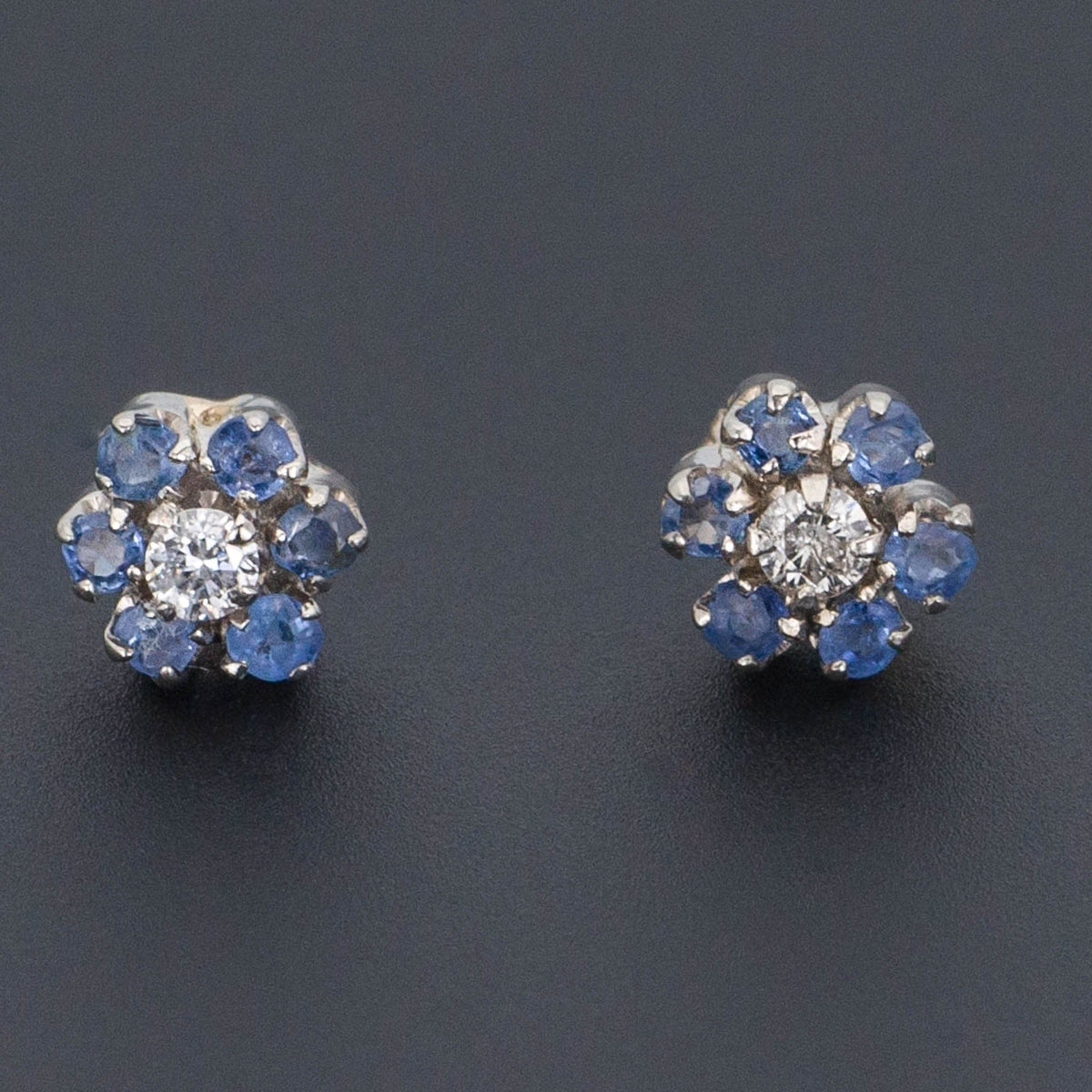 Sapphire &amp; Diamond Flower Earrings | 14k Gold Earrings - Trademark Antiques