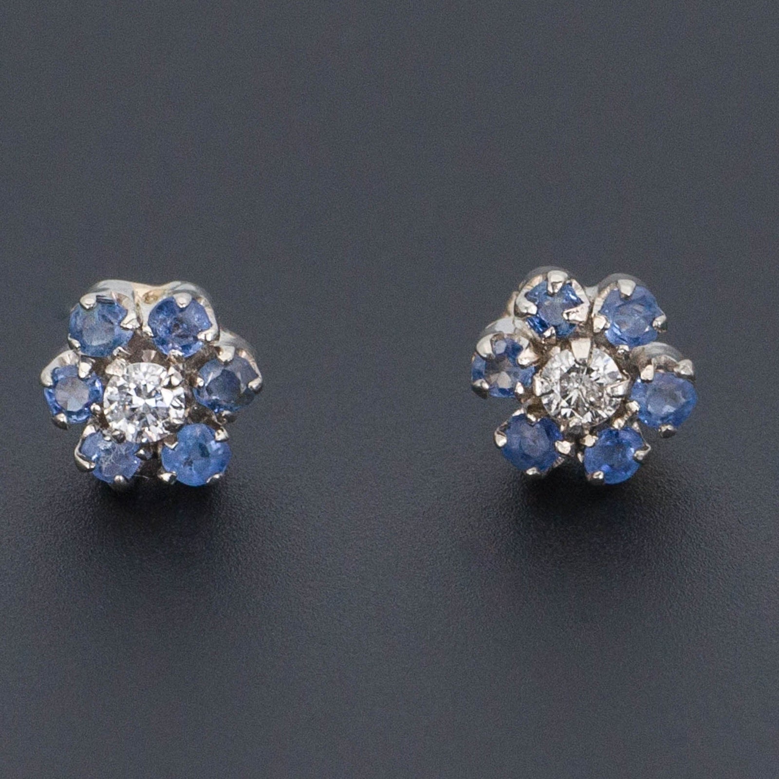 Sapphire & Diamond Flower Earrings | 14k Gold Earrings - Trademark Antiques
