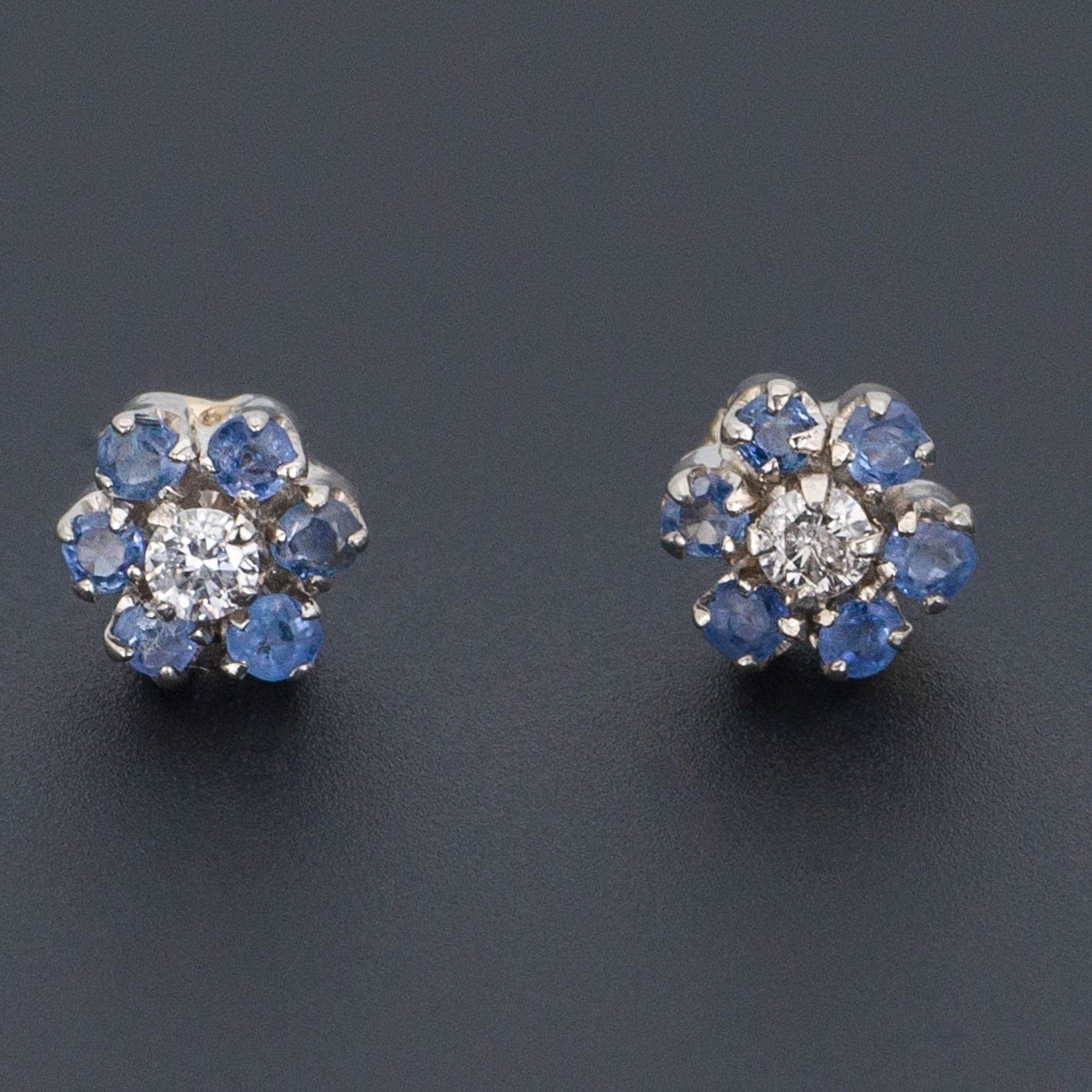 Sapphire & Diamond Flower Earrings | 14k Gold Earrings - Trademark Antiques