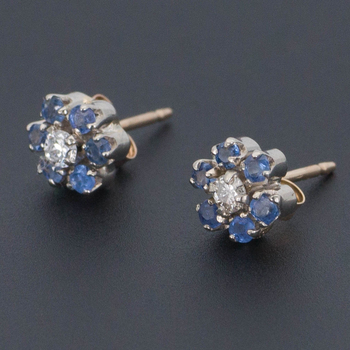 Sapphire &amp; Diamond Flower Earrings | 14k Gold Earrings - Trademark Antiques