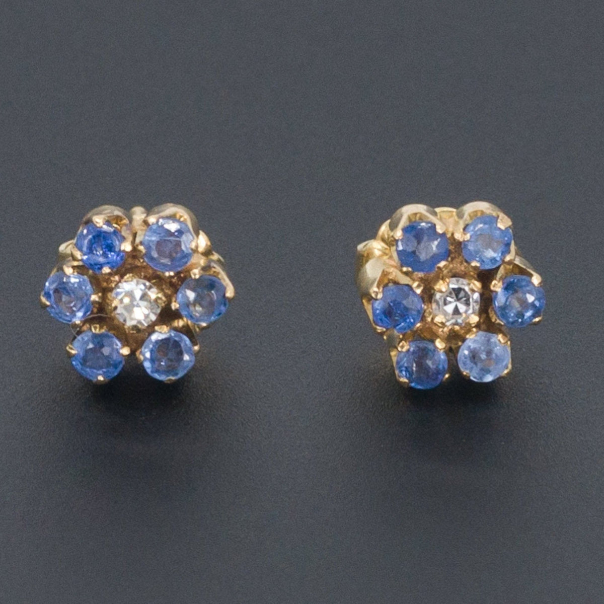 Sapphire &amp; Diamond Flower Earrings | 18k Gold Earrings - Trademark Antiques