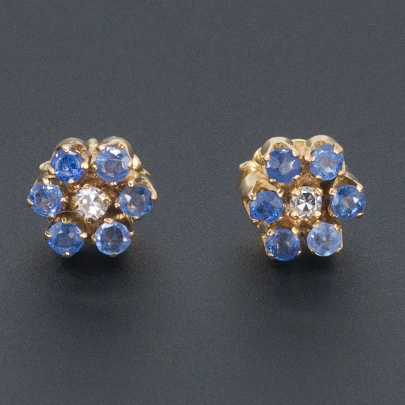 Sapphire & Diamond Flower Earrings | 18k Gold Earrings - Trademark Antiques