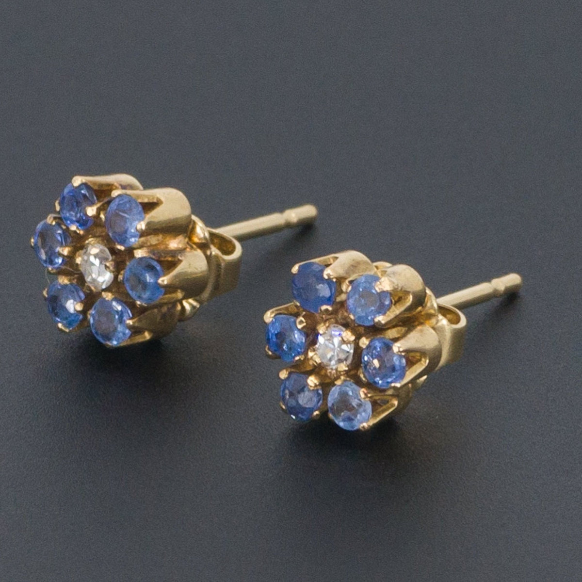 Sapphire &amp; Diamond Flower Earrings | 18k Gold Earrings - Trademark Antiques