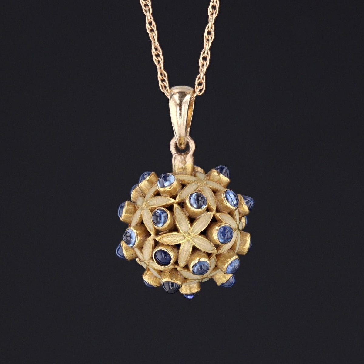 Sapphire &amp; Enamel Ball Pendant | Antique Sapphire Charm - Trademark Antiques
