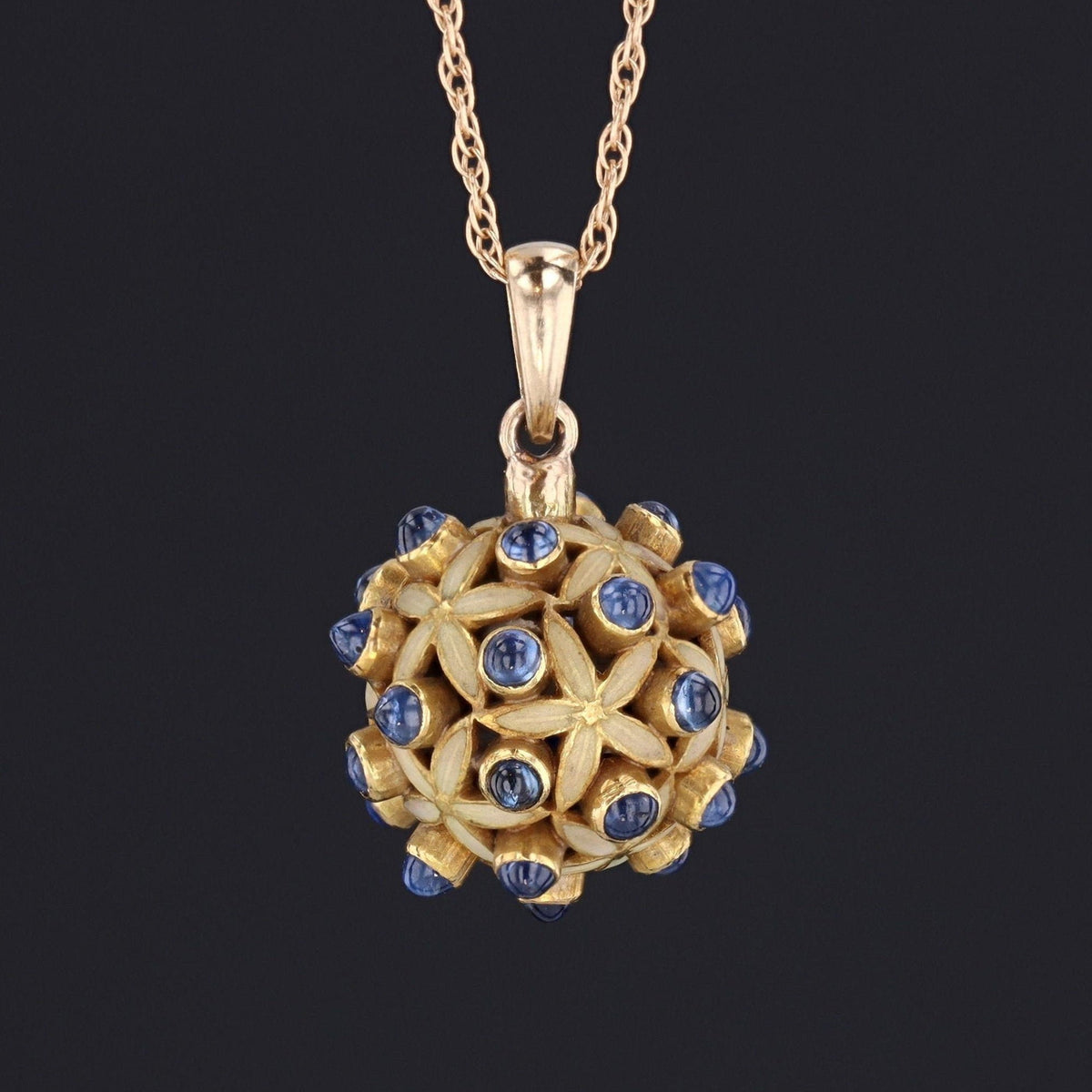 Sapphire &amp; Enamel Ball Pendant | Antique Sapphire Charm - Trademark Antiques