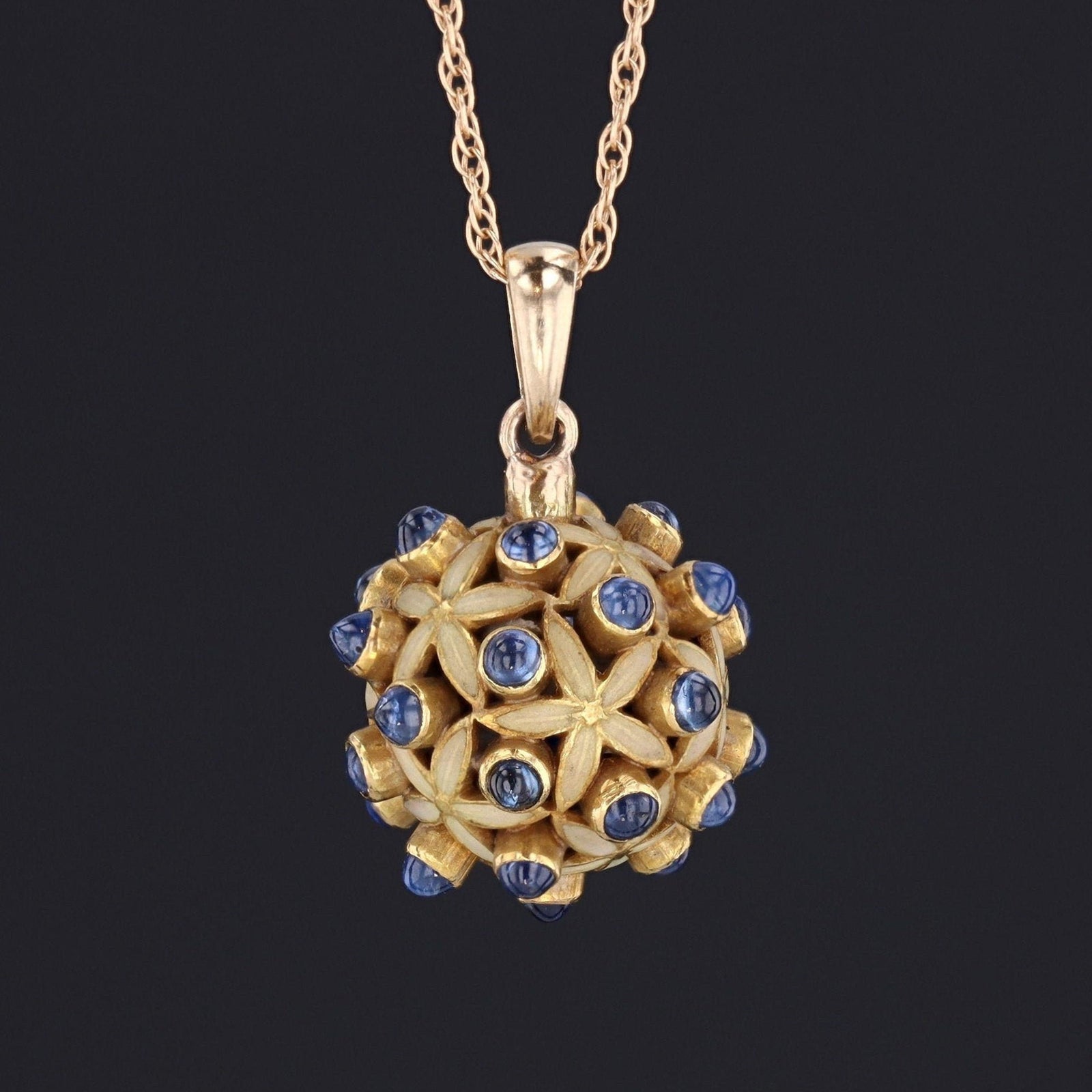 Sapphire & Enamel Ball Pendant | Antique Sapphire Charm - Trademark Antiques