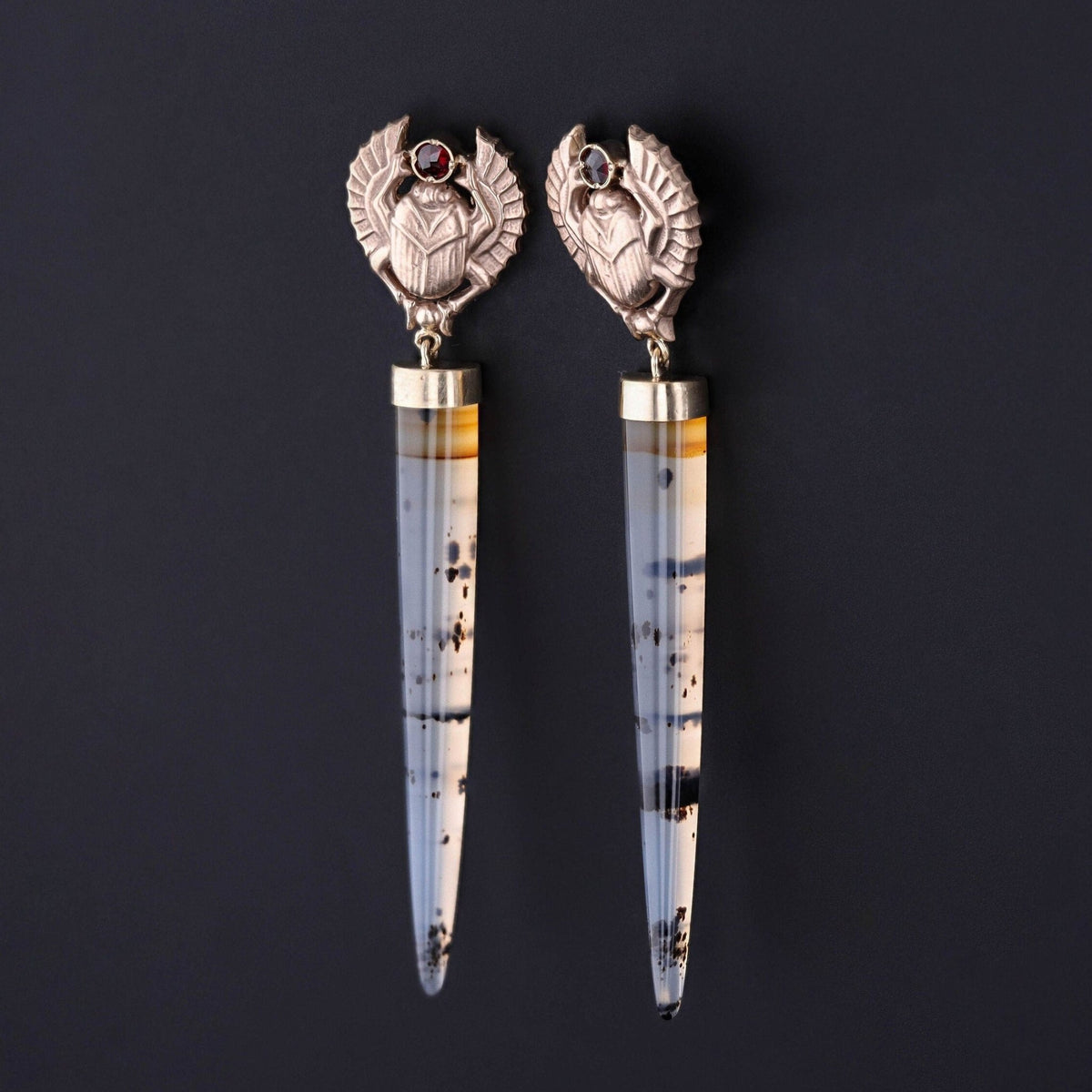 Scarab Earrings of Montana Agate and 14k Gold - Trademark Antiques