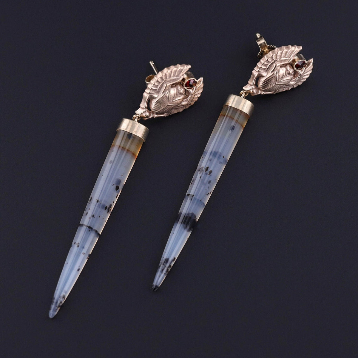 Scarab Earrings of Montana Agate and 14k Gold - Trademark Antiques