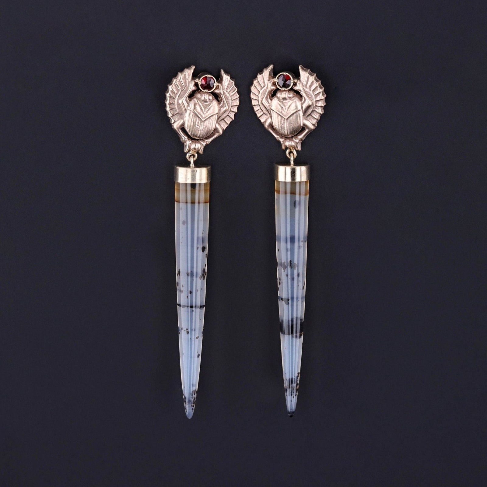 Scarab Earrings of Montana Agate and 14k Gold - Trademark Antiques