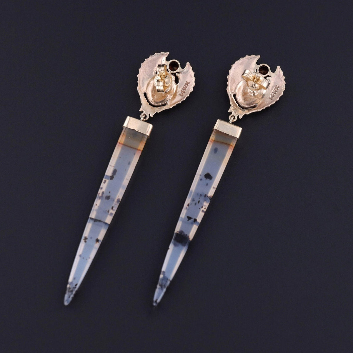 Scarab Earrings of Montana Agate and 14k Gold - Trademark Antiques