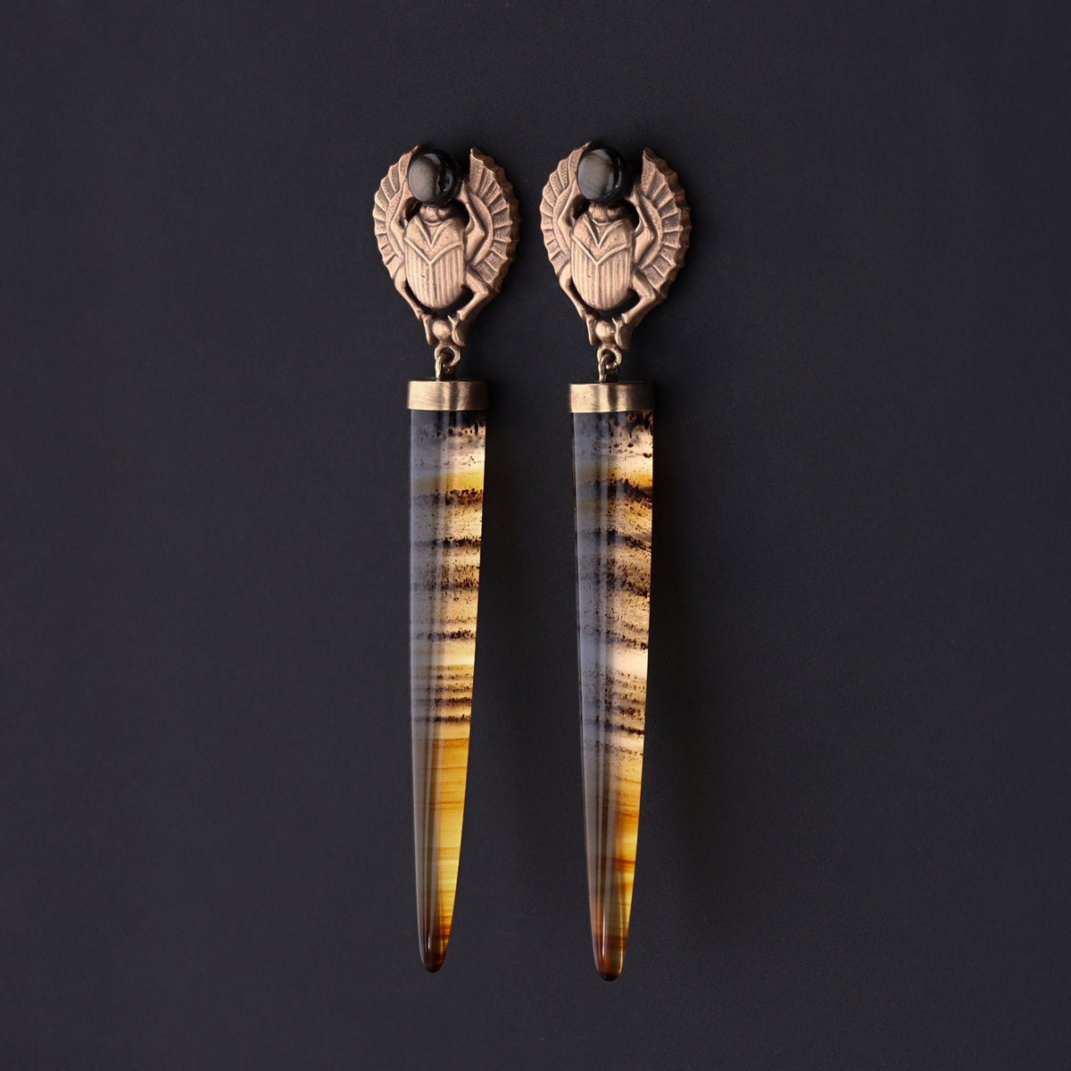 Scarab Earrings with Montana Agate and Gray Star Sapphire | Statement Earrings - Trademark Antiques