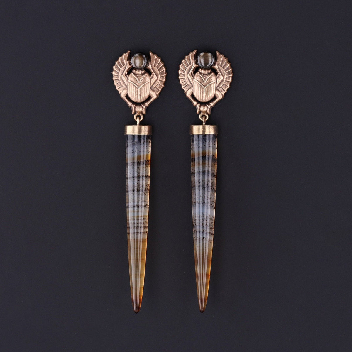 Scarab Earrings with Montana Agate and Gray Star Sapphire | Statement Earrings - Trademark Antiques