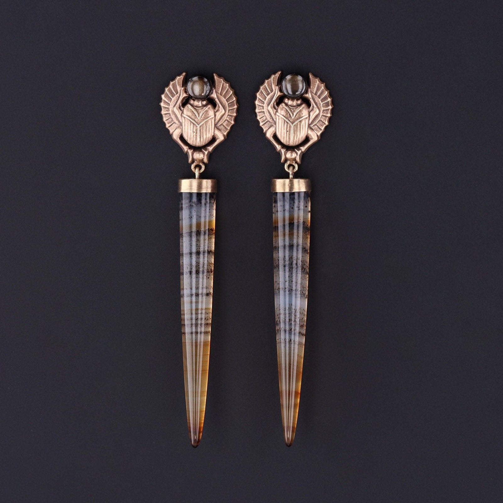 Scarab Earrings with Montana Agate and Gray Star Sapphire | Statement Earrings - Trademark Antiques