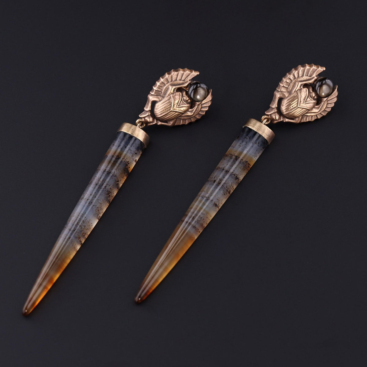 Scarab Earrings with Montana Agate and Gray Star Sapphire | Statement Earrings - Trademark Antiques