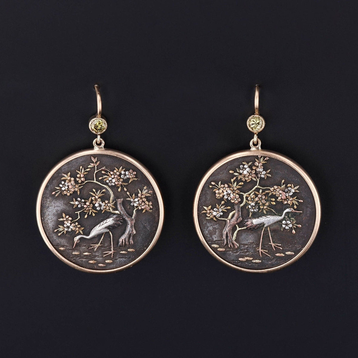 Shakudo Earrings | Antique Heron Earrings - Trademark Antiques