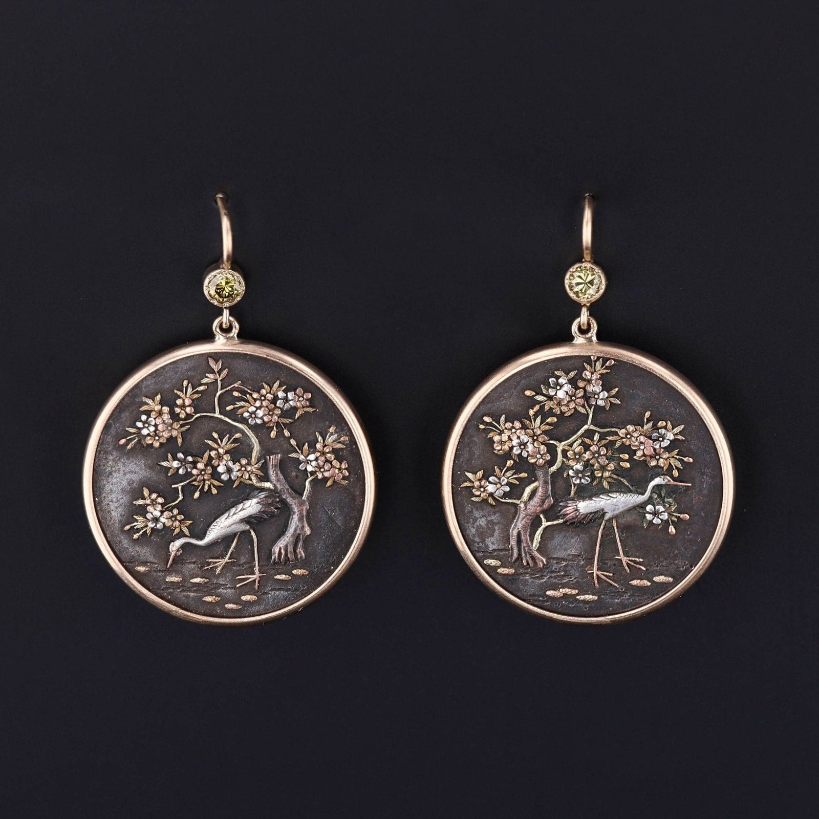 Shakudo Earrings | Antique Heron Earrings - Trademark Antiques