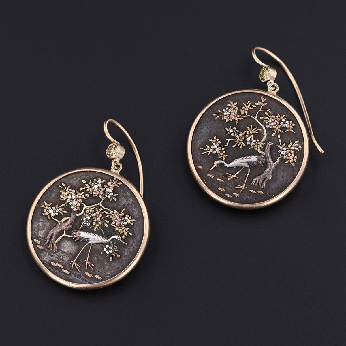 Shakudo Earrings | Antique Heron Earrings - Trademark Antiques